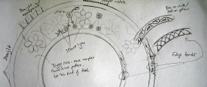 Grey and white pencil sketch of a circular design with flowers. Parts of the sketch are labelled with pencilled notes.