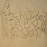 Pencil sketch of a complex design featuring flowers and vines